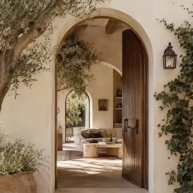 Open doorway of a traditional Tuscan country house with minimalist interiors overlooking a garden and olive tree